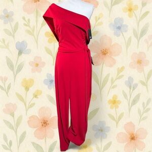 Marina Red One Shoulder Jumpsuit Women’s Size L Nordstrom Formal Wide Leg Belted